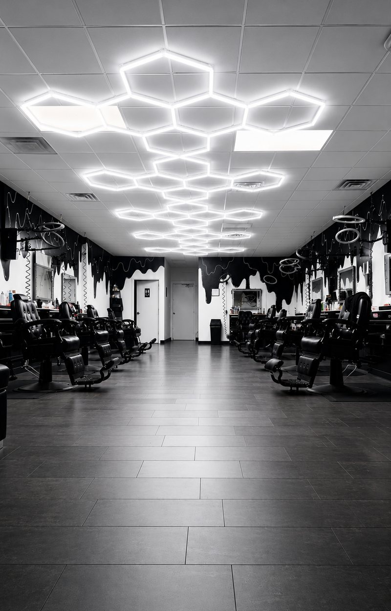 The Dam This Barbershop floor — hexagon lights over a full row of barber chairs