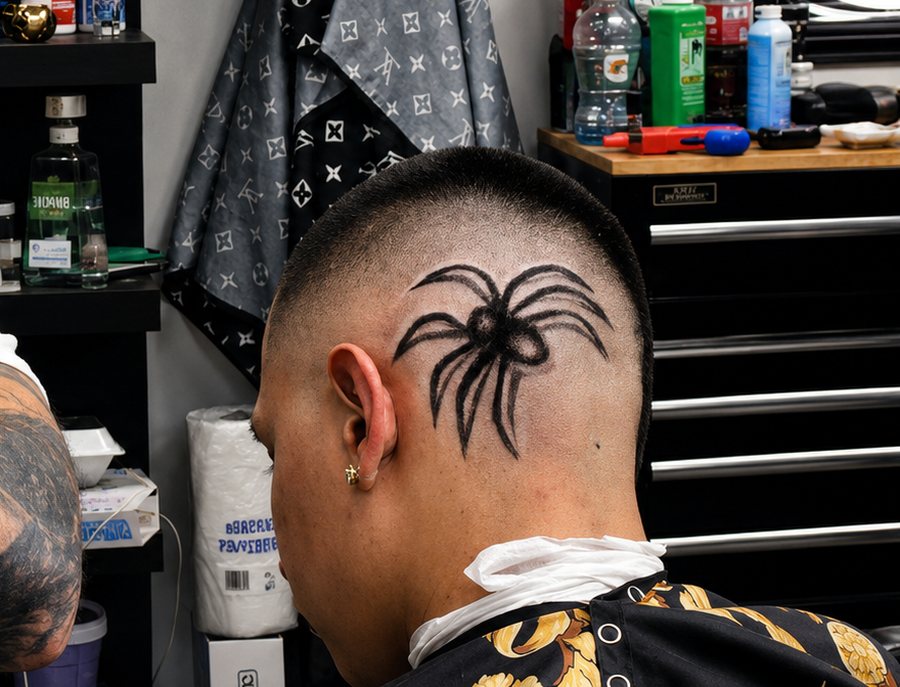 A freehand spider design carved into a high skin fade