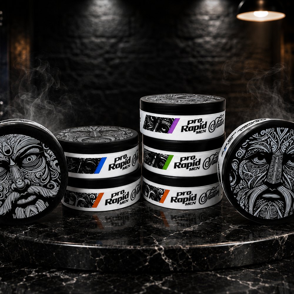 The Pro Rapid MEN Tattoo tin lineup, hand-illustrated lids on a black marble counter